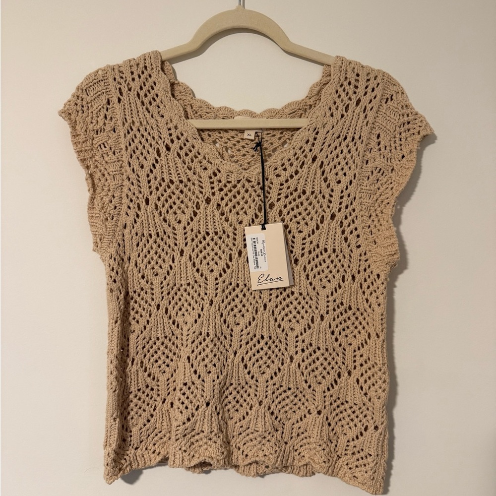 Elan Tan Crochet Knit Cap Sleeve Blouse